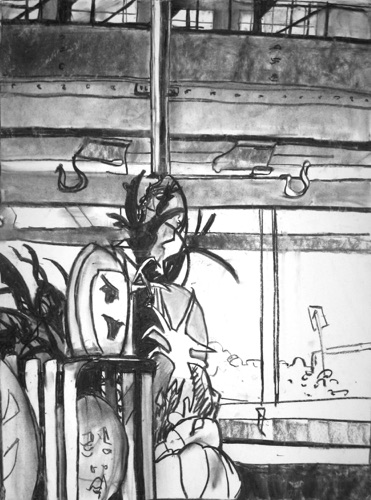 Chelsea Market Halloween;
Willow Charcoal/Paper, 2015;
24 x 18 in. Chelsea Market Halloween;
Willow Charcoal/Paper, 2015;
24 x 18 in.